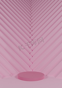 简约浅粉色背景摄影照片_浅色、柔和、薰衣草粉色 3D 渲染，简单、简约，产品展示，带有一个圆柱体支架和背景中指向产品的三角形楼梯状图案