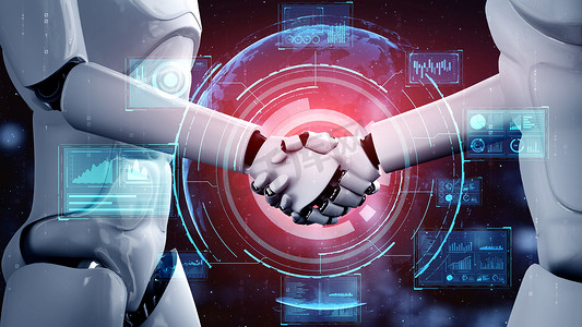 3D 渲染类人机器人握手以协作未来技术