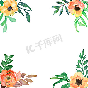 水彩花环设计，白色背景上有花朵和叶子。