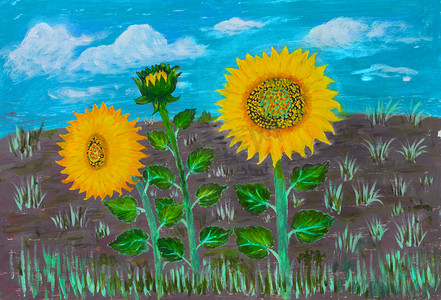 三朵盛开的向日葵植物的画布油画