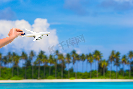 绿松石海和棕榈树背景中的小白色飞机