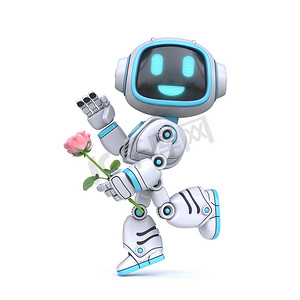 恋爱中的可爱蓝色机器人拿着玫瑰 3D