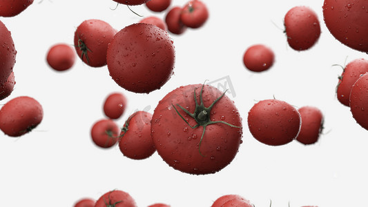 3d 渲染白色背景上带有水滴的落番茄