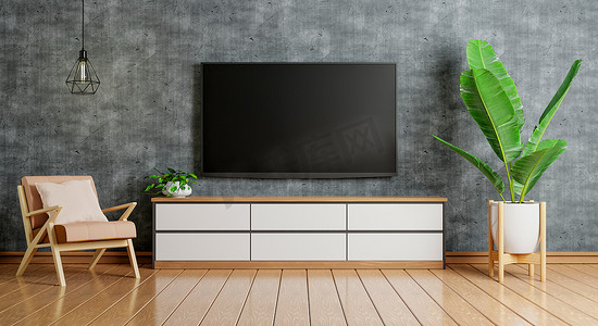 现代空房间里的木柜上方有电视，椅子上铺着地毯，地板上铺着灯。