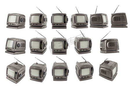 一组旧的 5.5 英寸便携式模拟 crt 电视装置，在不同的视图中隔离在白色