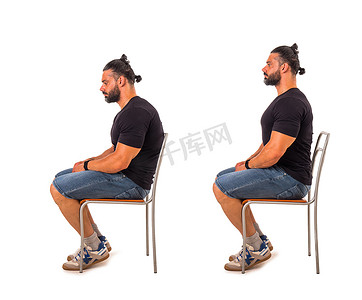 肌肉发达的男人，弯腰挺直坐在椅子上