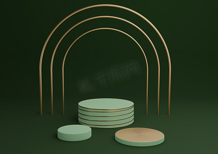 线条金摄影照片_深色、暖绿色 3D 渲染简单的产品展示圆筒讲台与豪华金拱和线条三站最小背景抽象组合