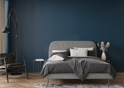 现代舒适的卧室里空荡荡的深蓝色墙壁。