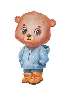 鞋子男孩摄影照片_水彩可爱的小熊穿着衣服的插图。