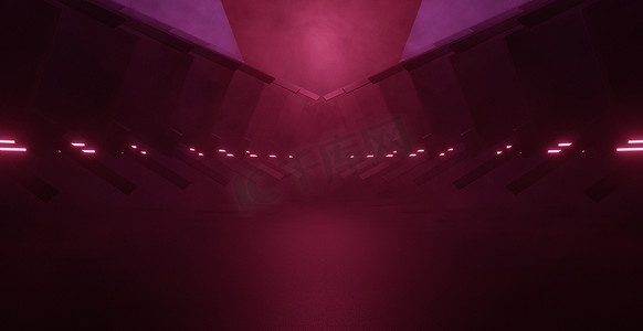 抽象场景霓虹灯垃圾科幻舞台激光陈列室隧道走廊地下车库车房水泥沥青混凝土深红色横幅背景 3D 渲染