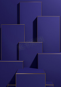 深蓝色 3D 渲染简单、最小、几何背景产品展示基座金色线条用于奢侈品产品广告壁纸模板