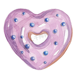 甜甜圈手绘摄影照片_水彩手绘紫色心形甜甜圈，蓝色装饰，白色背景隔离
