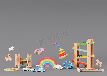 灰色背景的儿童玩具与复制空间。