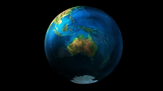 从太空看到的半个地球，显示亚洲、大洋洲、澳大利亚和南极洲。
