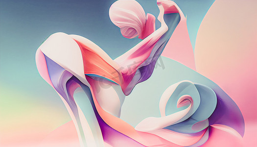 抽象 3D 渲染芭蕾舞女演员曲线挤压件以生动柔和的色彩。
