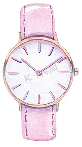 水彩粉红色女式手表，带有白色背景上孤立的金色箭头