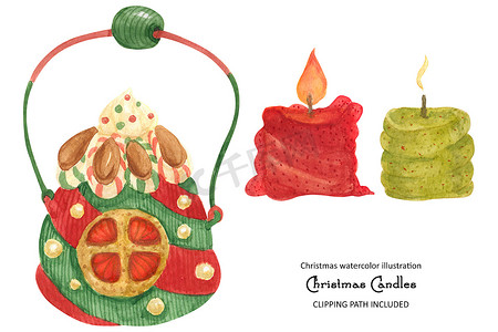 圣诞蜡烛，水彩插图