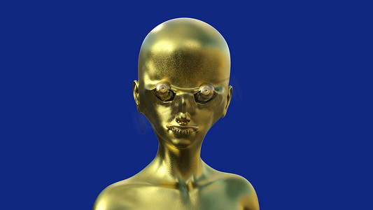 银河金色摄影照片_蓝色背景上的金色秃头外星人人形生物。