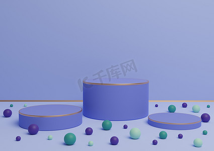 浅色、柔和的蓝色 3D 渲染三个讲台的产品展示，带有金色线条和彩色大理石，用于产品展示或背景奢侈品或有趣的糖果