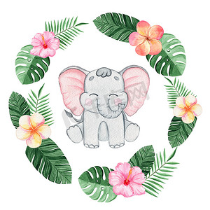 可爱的大象摄影照片_水彩可爱的大象与热带花卉装饰隔离在白色背景