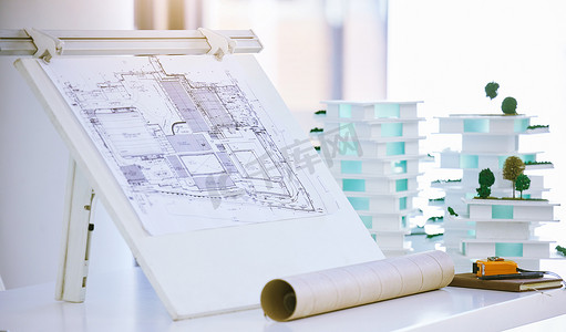 建筑模型的蓝图、建筑和设计以及建筑办公室的施工计划。