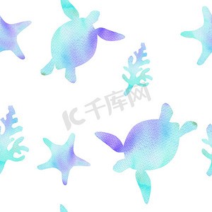 白色背景上的水彩蓝龟和海星无缝图案。