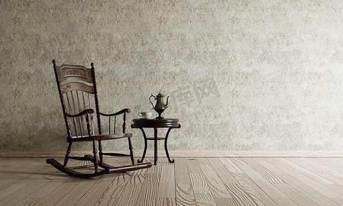 在木地板和生混凝土背景的经典客厅里的旧椅子。