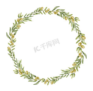 圆形花环与橄榄枝水彩画。