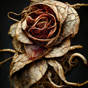 玫瑰干花摄影照片_干玫瑰与干藤蔓的图片，3D 插图