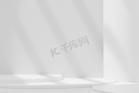 3D 抽象背景白色讲台，用于产品展示和品牌广告，带有窗户和屋顶的阴影。