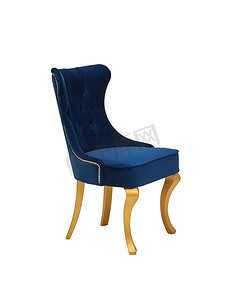 蓝色复古布艺椅子，黄色腿，白色背景隔离