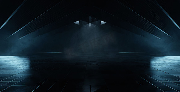 科幻未来车库蓝色霓虹灯混凝土沥青机库隧道走廊 3D 渲染