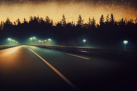 拐弯摄影照片_夜间汽车，3D 插图中显示车头灯在拐弯处行驶的镜头