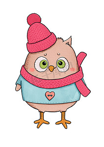 戴着粉色帽子和围巾的可爱猫头鹰
