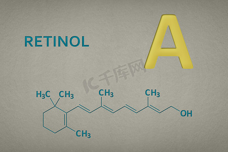 维生素 A. 纸张纹理背景上的视黄醇分子。