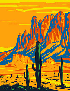 迷失的荷兰人州立公园在美国亚利桑那州的迷信山中展示扁铁 WPA 海报艺术