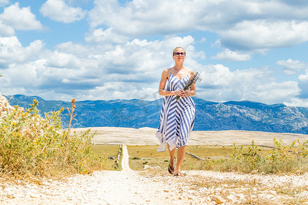 夏日穿着夏装的白人年轻女性手捧薰衣草花束，夏季在帕格岛上穿过干燥多岩石的地中海克罗地亚海岸景观时在户外散步