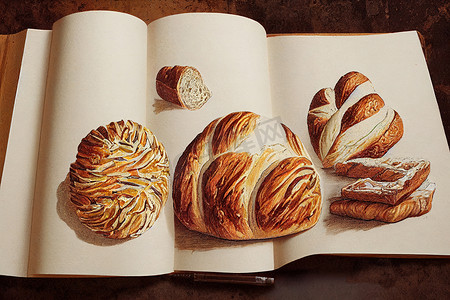 面包师、面包和糕点、手绘