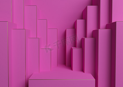 瑞创广告摄影照片_明亮的洋红色、霓虹粉红色 3D 渲染产品展示台或展台简单、最小、对称、几何背景或壁纸，用于奢侈品广告抽象城市天际线