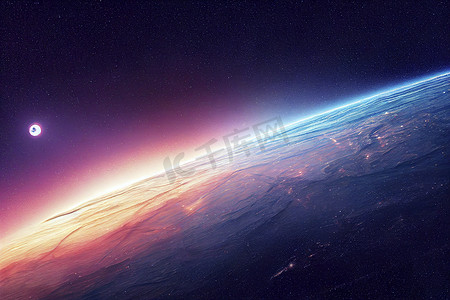 科幻宇宙星球摄影照片_3D 渲染空间艺术：外星星球 - 紫色天空的奇幻景观。