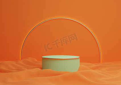 霓虹橙色、亮红色 3D 渲染豪华产品展示台或展台最小构图，背景和灯光采用金色拱线