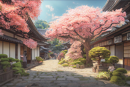 日本老城樱花树的 3D 渲染