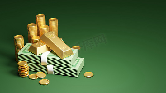 绿色背景 3D 渲染上美元银行金条和硬币的黄金储蓄横幅概念设计