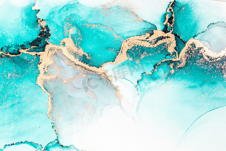 大理石液体水墨艺术画在纸上的海洋蓝色抽象背景。