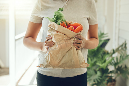 健康杂货、蔬菜和送货上门，配有牛皮纸袋，内含有机、新鲜和纯素成分或农产品，从市场到家门口。