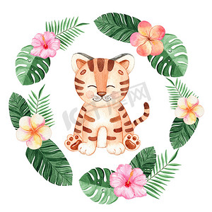 水彩老虎在热带花卉框架中隔离在白色背景