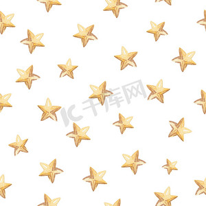 水彩手绘黄色星星无缝图案在白色背景上。