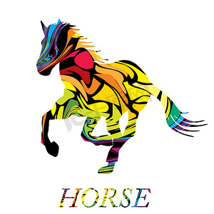 马奔腾摄影照片_一匹奔腾的马的五颜六色的抽象剪影