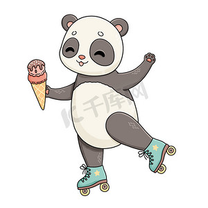 夏季熊猫在蓝色滚筒上配冰淇淋