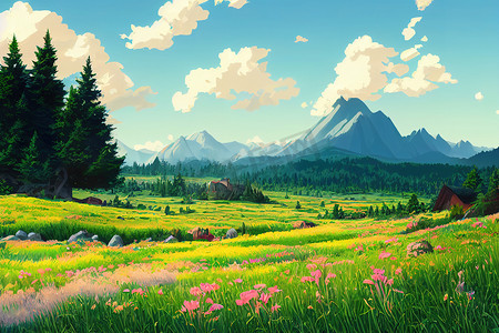 夏季风景中的山地草甸，动漫卡通风格